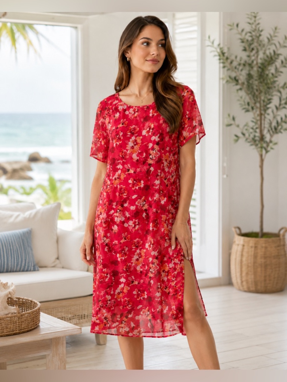 Calvin Klein Women's Chiffon Floral-Print Dress‎ M Sexy Dress Red Floral wedding